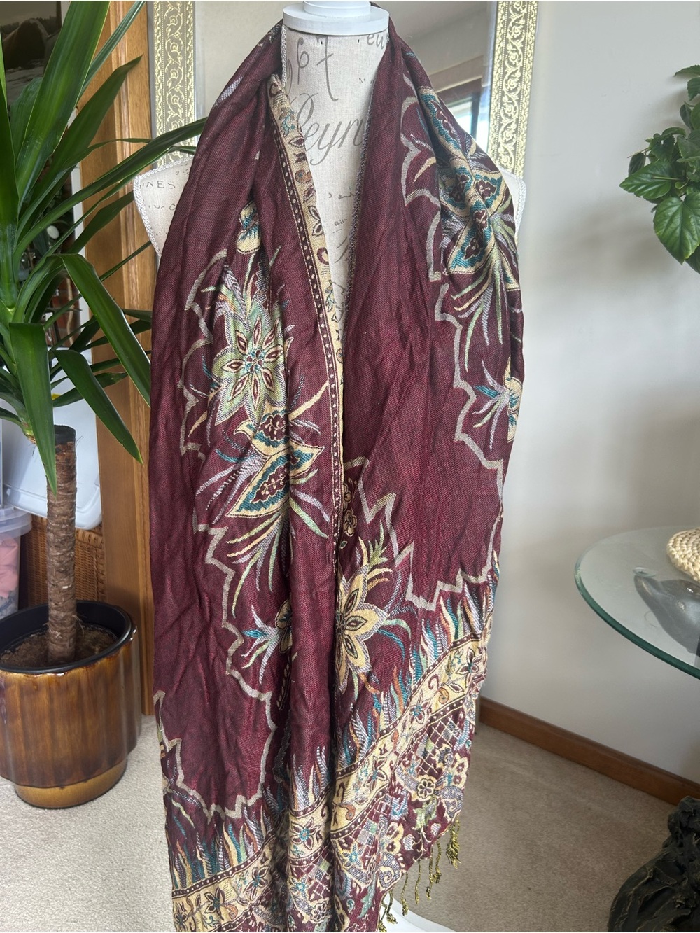 Stylish Burgundy Floral Scarf Wrap - Elegant Home Accent
